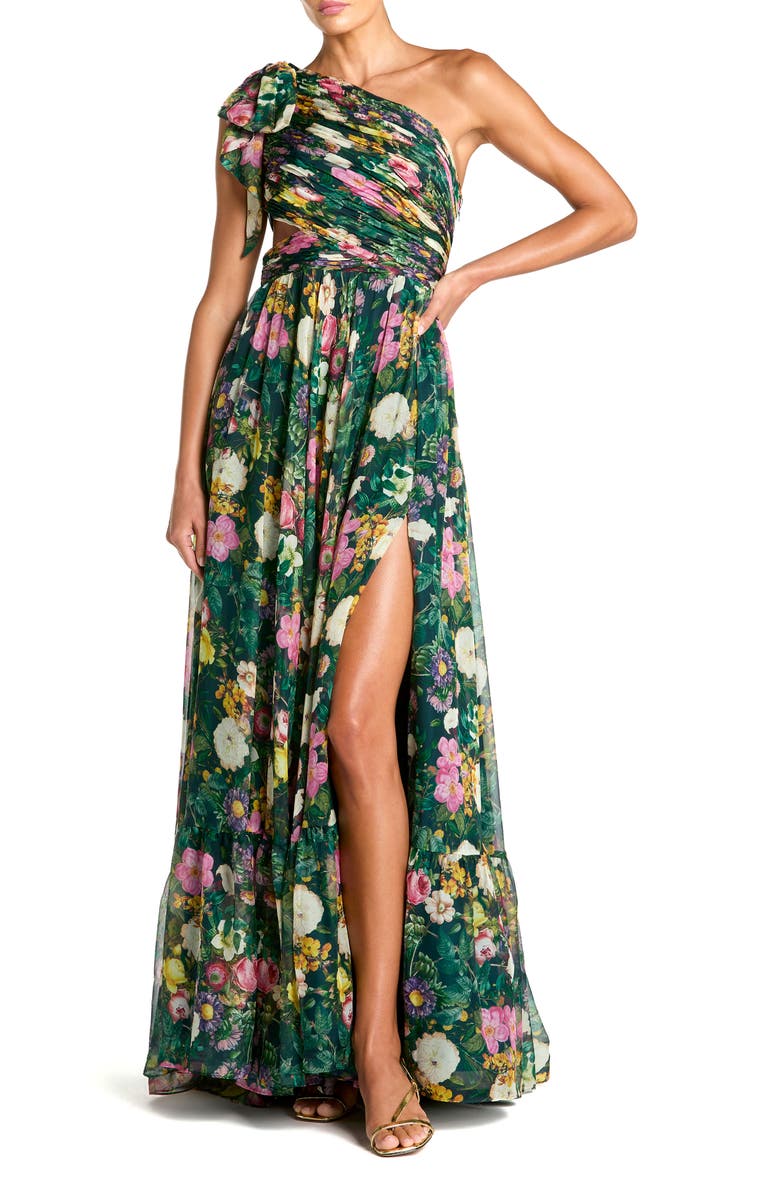 Mac Duggal Floral One-Shoulder Cutout Chiffon Evening Gown, Main, color, Deep Green Multi