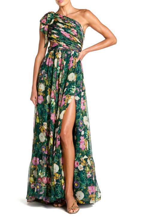Floral One-Shoulder Cutout Chiffon Evening Gown