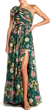 Mac Duggal Floral One-Shoulder Cutout Chiffon Evening Gown