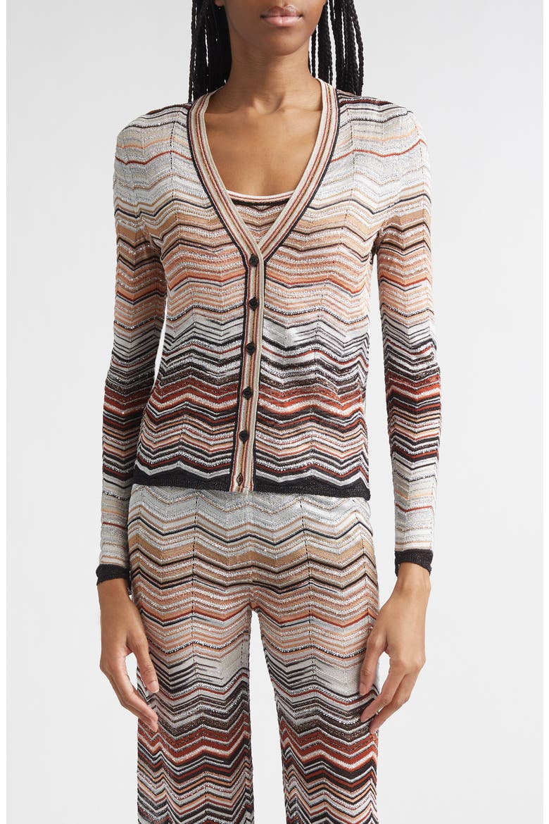Zigzag Lamé Cardigan, Main, color, RED AND BEIGE TONES