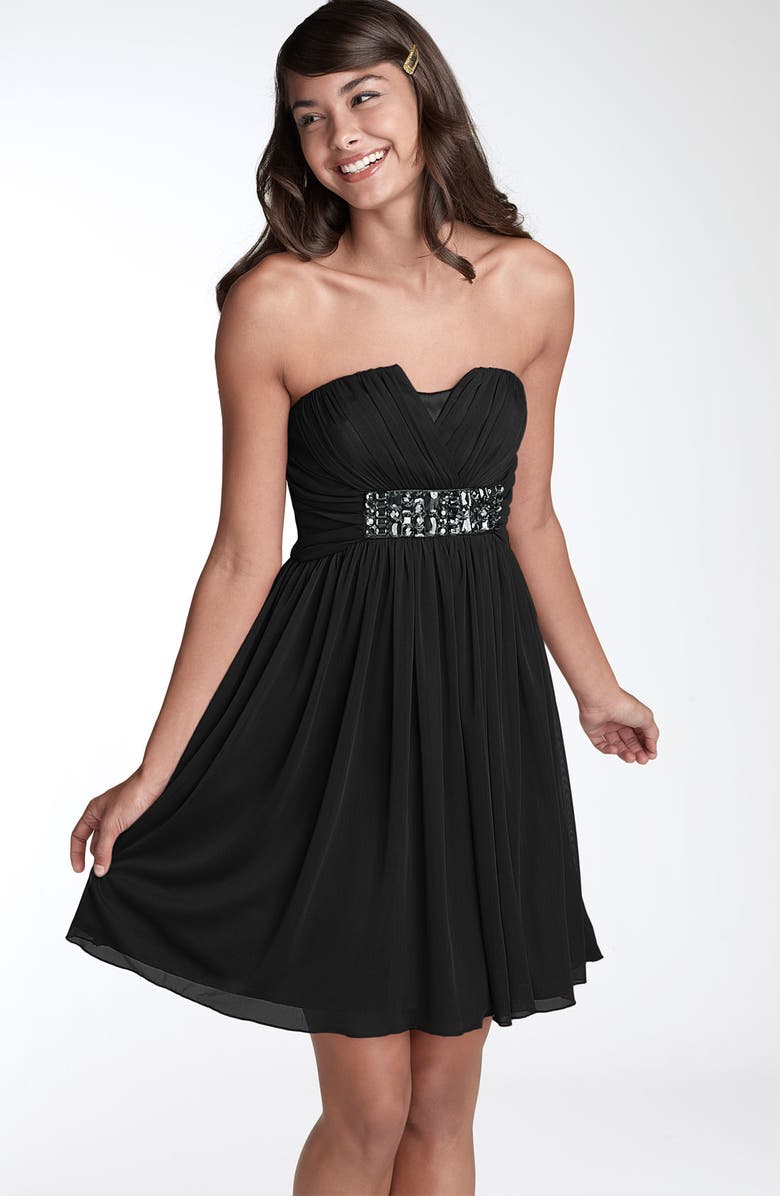 Trixxi Jeweled Empire Waist Strapless Dress, Main, color, 
