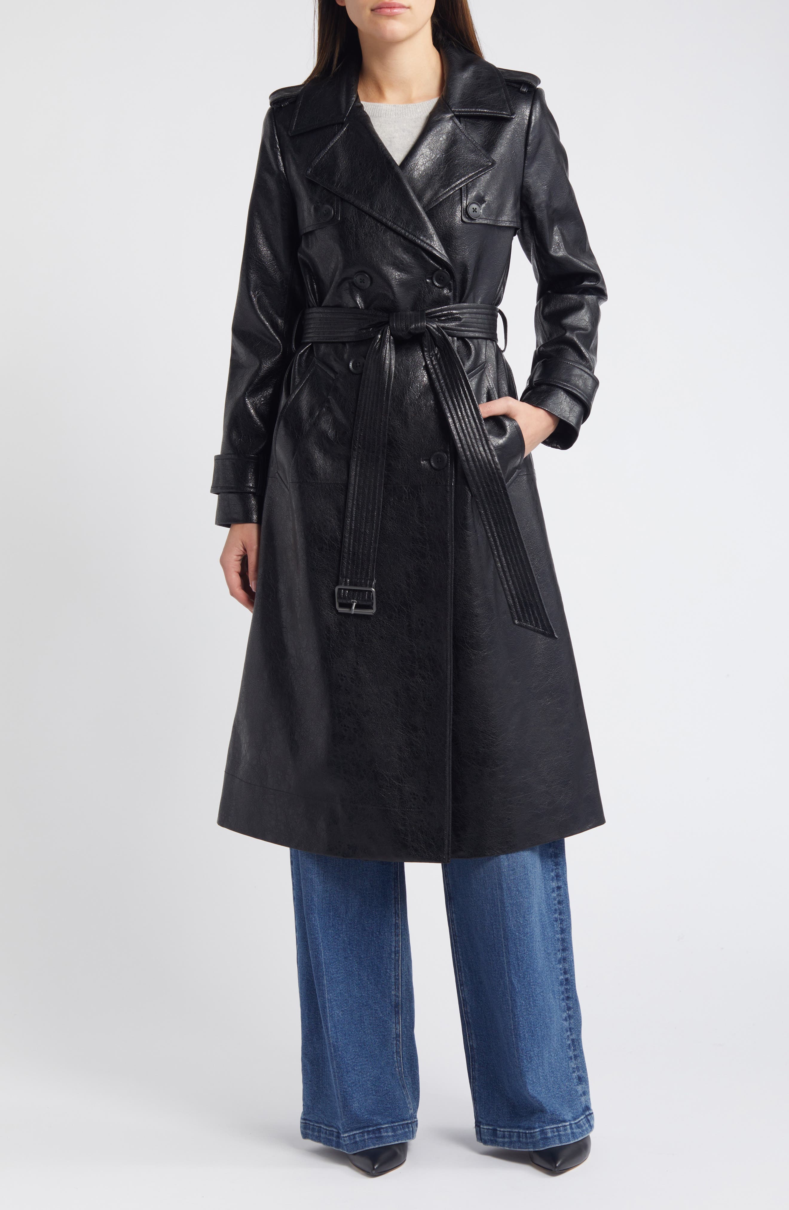 womens black long leather coat
