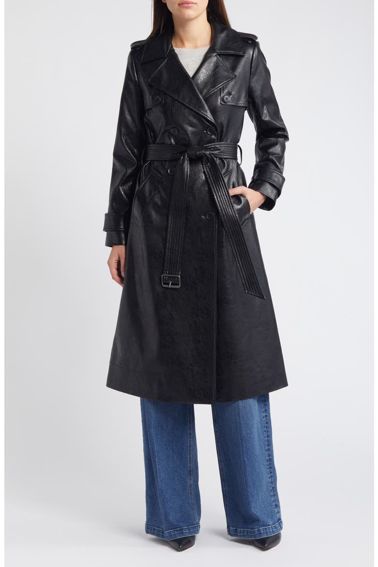 Belted Double Breasted Faux Leather Trench Coat, Main, color, BLACK