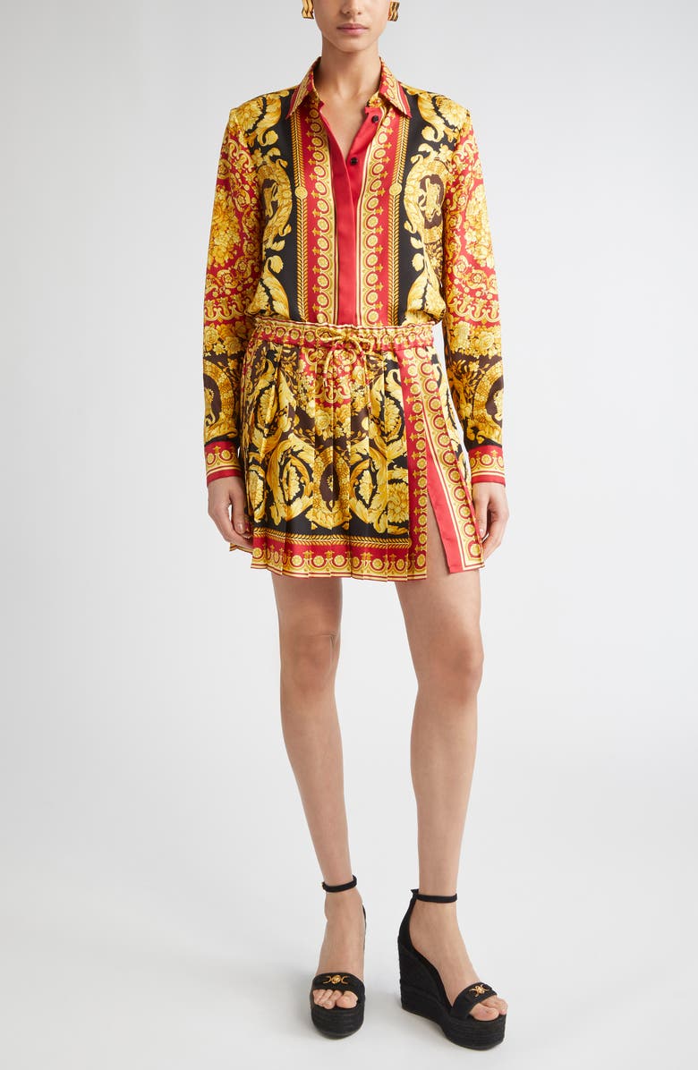 Versace Barocco 92 Pleated Silk Twill Skirt, Alternate, color, Parade Red Black