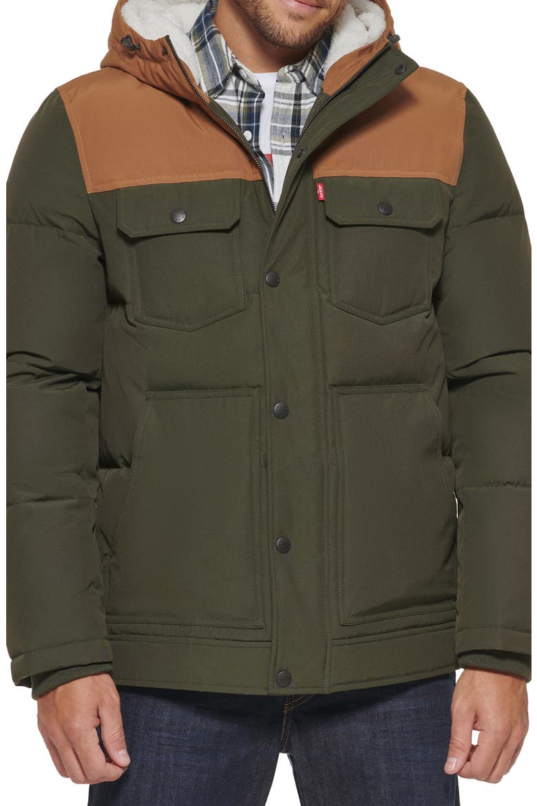 Levi's® Quilted Water Resistant Hooded Puffer Jacket, Alternate, color, OLIVE/ WORKER BROWN