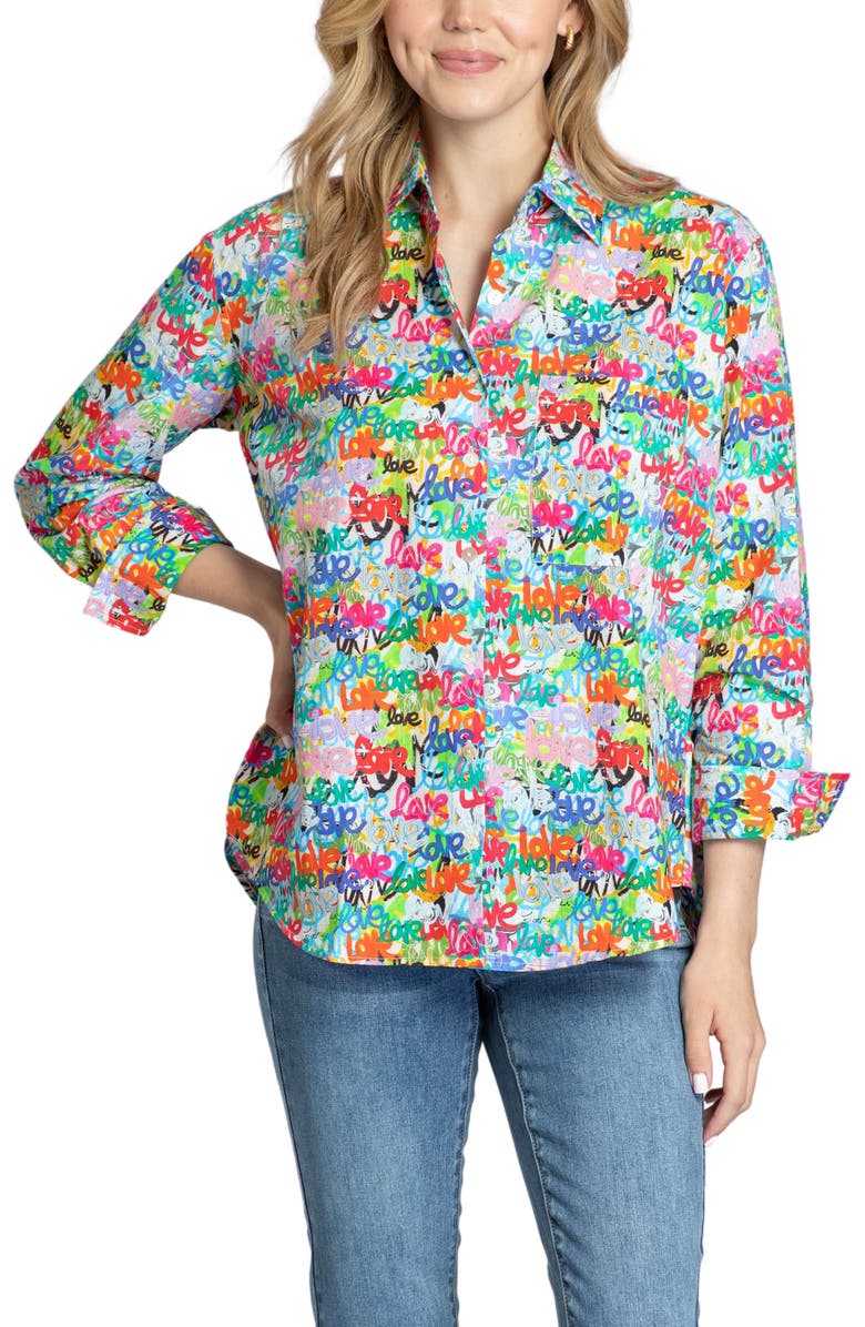 APNY Oversize Feather Print Button-Up Shirt, Main, color, White/Pink Multi