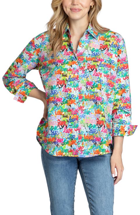 Oversize Feather Print Button-Up Shirt
