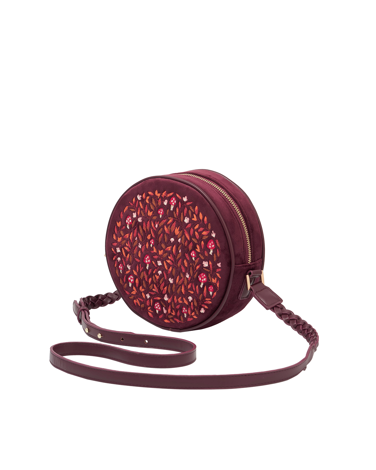 Fable England Magical Mushroom Embroidered Burgundy Velvet Circle Bag, Alternate, color, Red