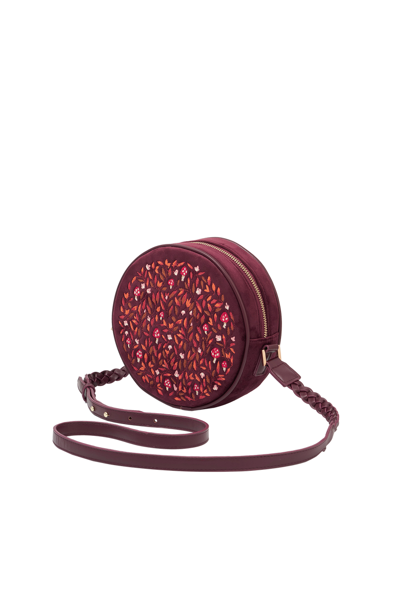 Fable England Magical Mushroom Embroidered Burgundy Velvet Circle Bag, Alternate, color, Red