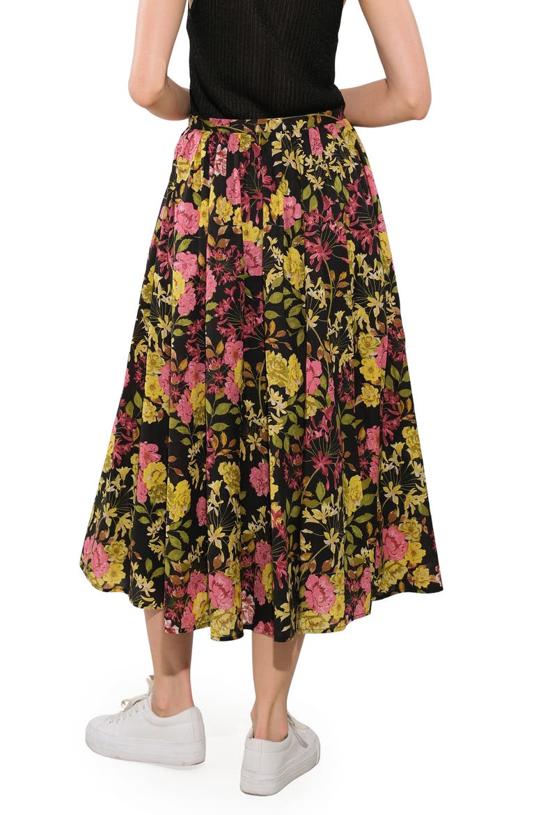 Floral Pleated Midi Skirt, Alternate, color, BLACK