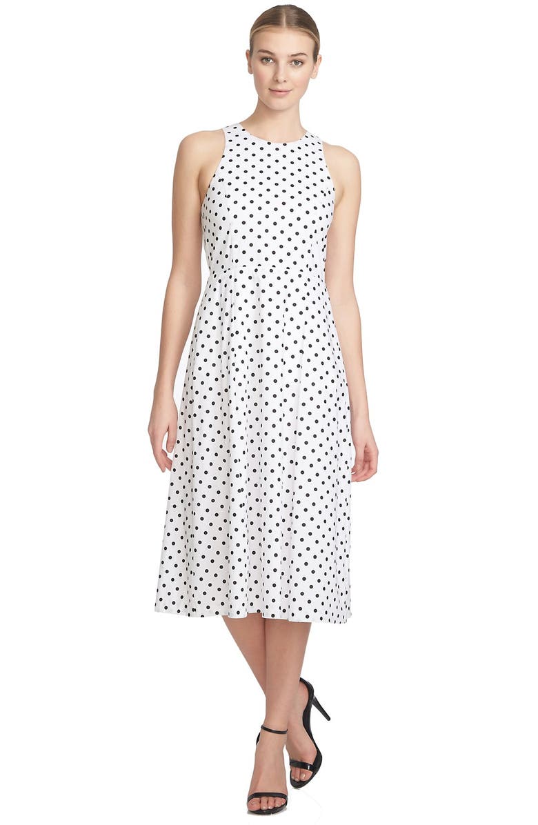 1.STATE Polka Dot Cutout Fit & Flare Midi Dress, Alternate, color, 