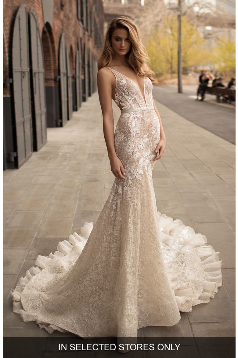 Deep V-Neck Fit & Flare Gown, Main, color, IVORY