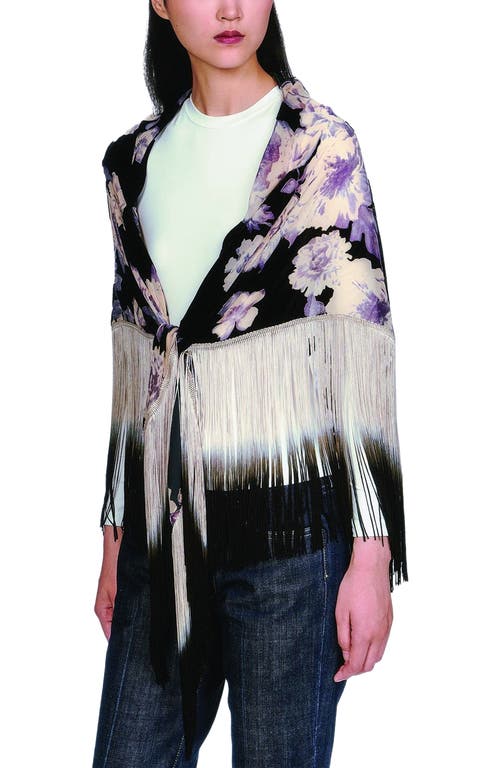 Anna Sui Cabbage Rose Devore Fringe Shawl In Black