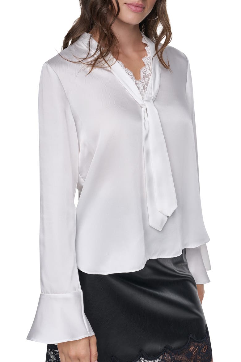 Lace Trim Tie Neck Top with Bell Sleeves, Main, color, IVORY