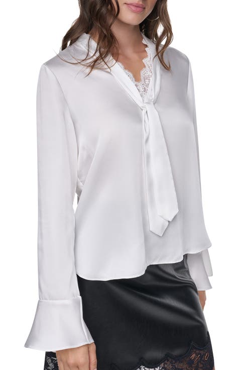 Lace Trim Tie Neck Top with Bell Sleeves