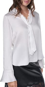 DKNY Lace Trim Tie Neck Top with Bell Sleeves