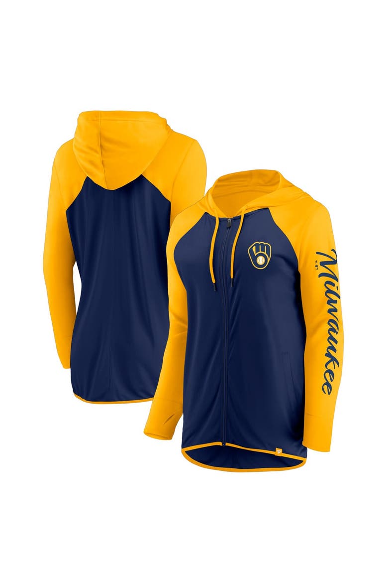 Women's Fanatics Navy/Gold Milwaukee Brewers Script Sleeve Full-Zip Hoodie, Main, color, Navy