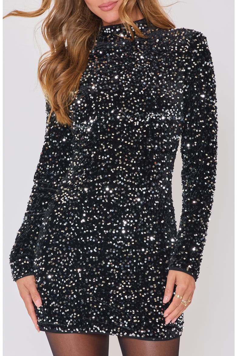 Cheers Sequin Long Sleeve Minidress, Main, color, BLACK