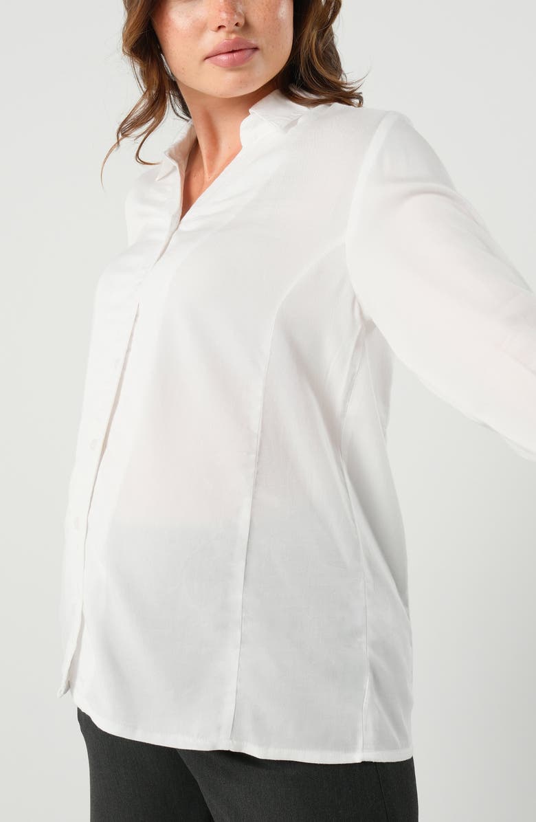 Marion Women's Petite No-Gap 3/4 Sleeve Maternity & Nursing Button Down Shirt in with Bra Concealing Design in TENCEL, Alternate, color, White Tencel