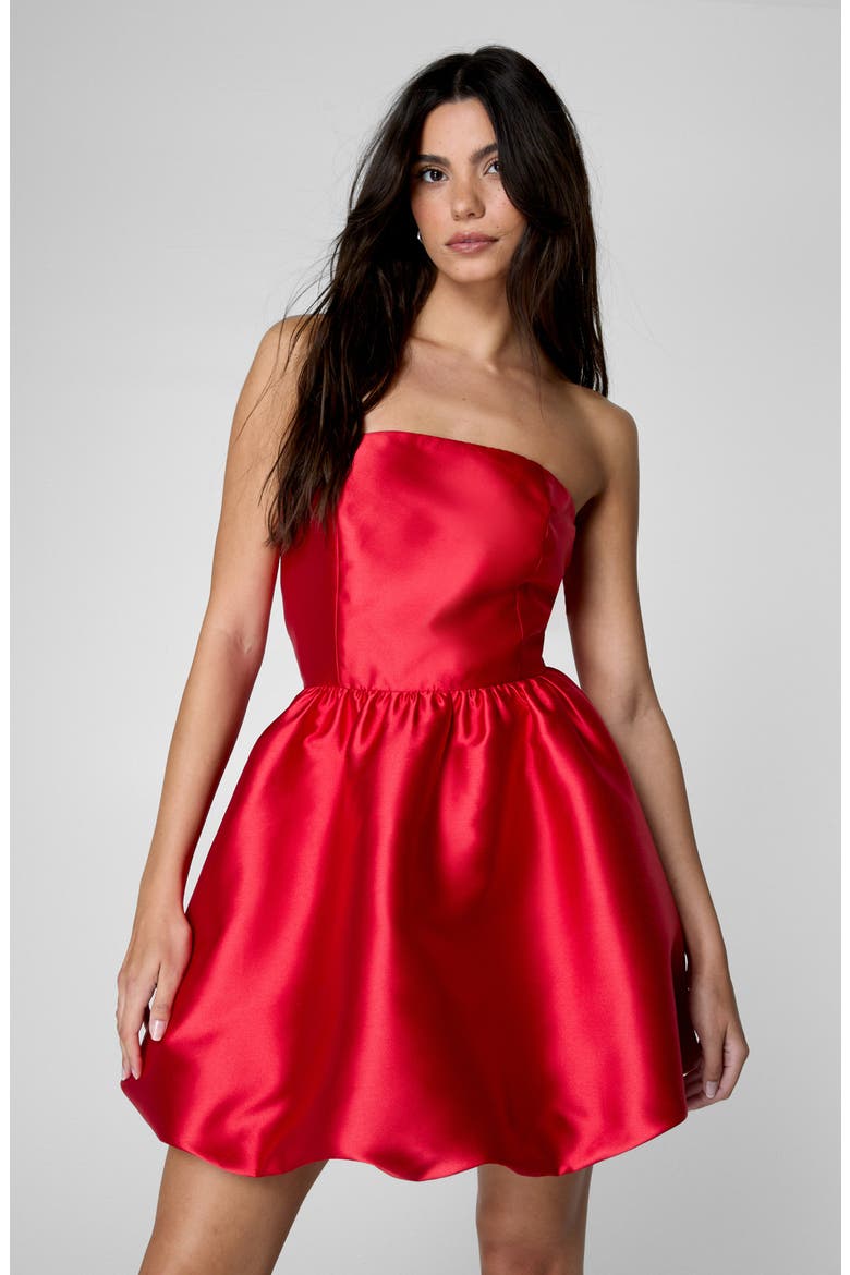 Strapless Satin Bubble Minidress, Alternate, color, RED