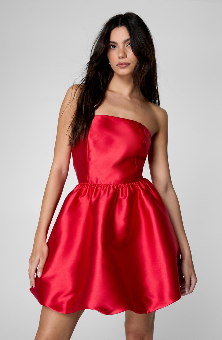 NASTY GAL Strapless Satin Bubble Minidress, Alternate, color, Red