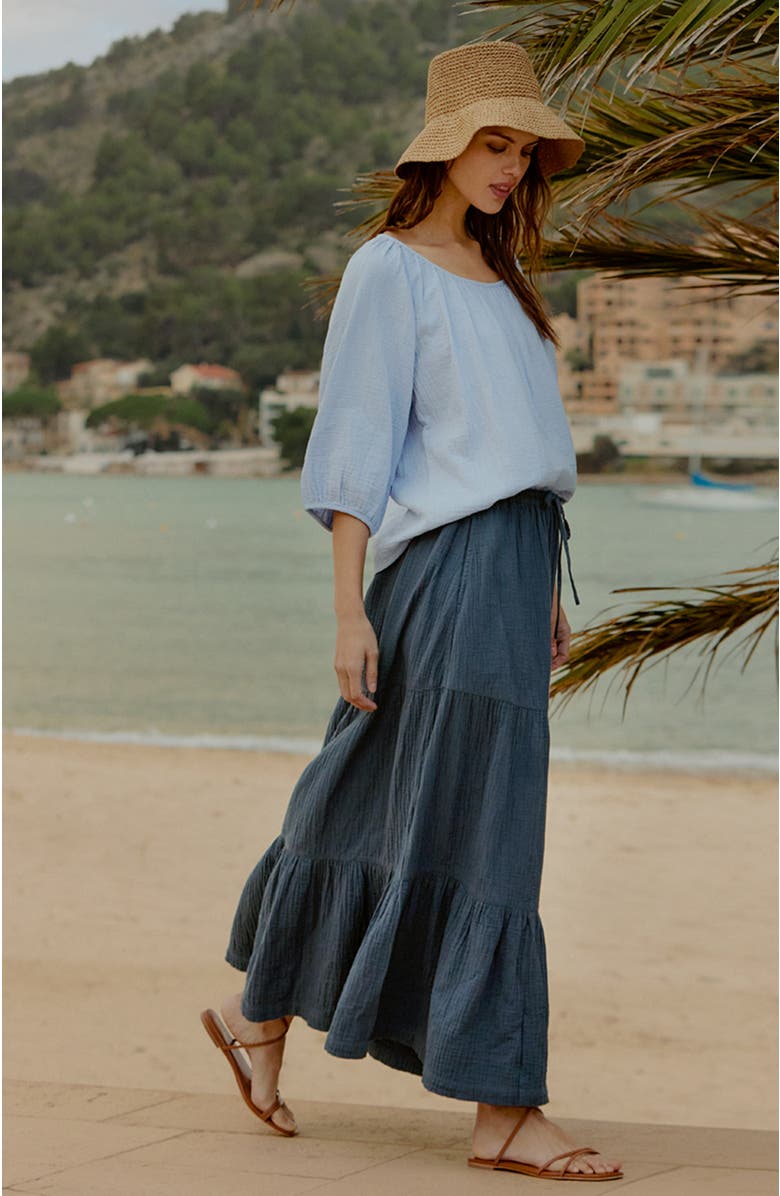 Pact Organic Cotton Coastal Double Gauze Tiered Maxi Skirt, Alternate, color, French Navy