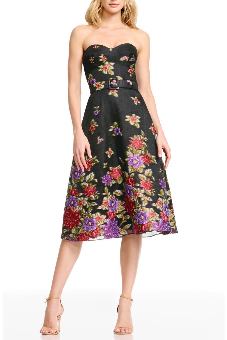 Carlita Belted Floral Strapless Cocktail Dress, Main, color, BLACK MULTI