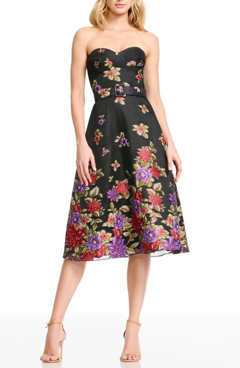 Carlita Belted Floral Strapless Cocktail Dress