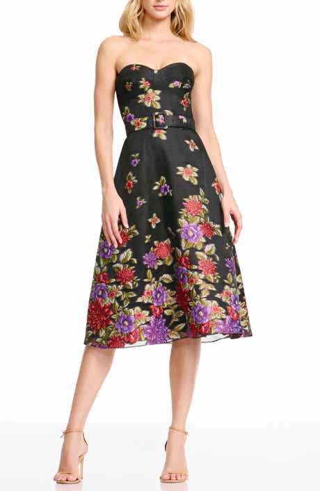 Carlita Belted Floral Strapless Cocktail Dress