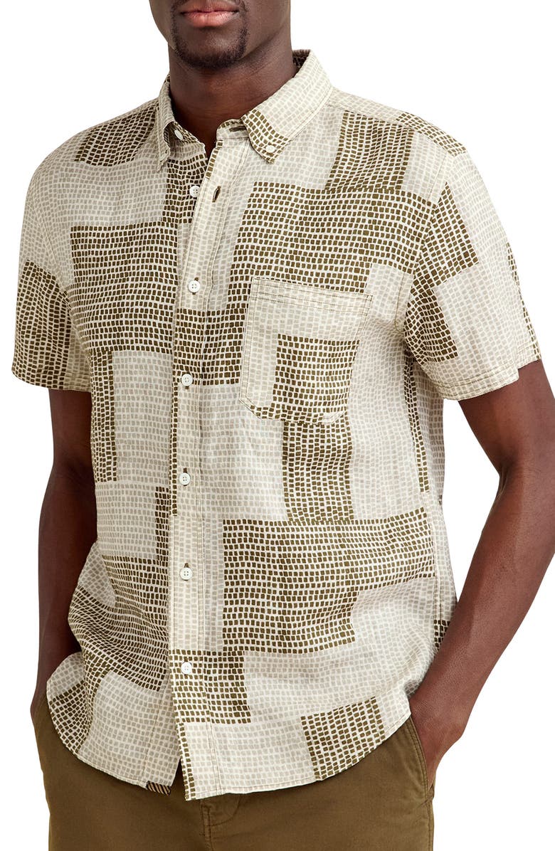 Billy Reid Brick Print Short Sleeve Linen Button-Down Shirt, Alternate, color,