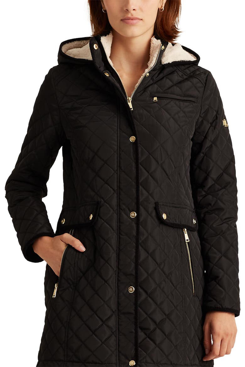 Quilted Coat with Faux Shearling Lining, Main, color, BLACK