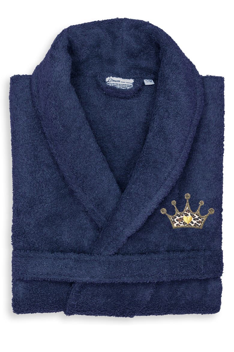 Cheetah Crown Design Embroidered Terry Bathrobe, Alternate, color, NAVY