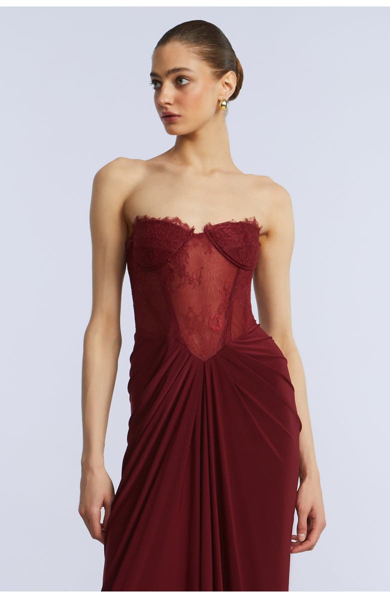 BCBGMAXAZRIA Lace & Jersey Gown, Alternate, color, Cabernet