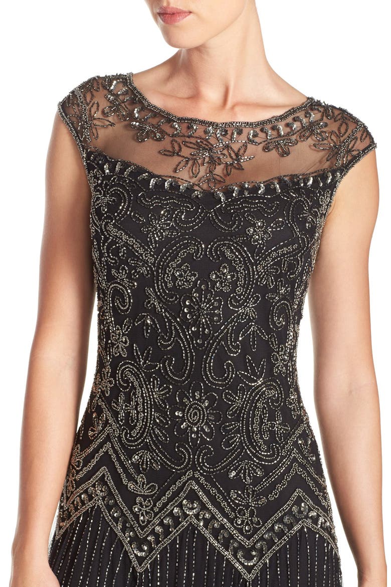 Beaded Illusion Yoke Mesh Dress, Alternate, color, BLACK