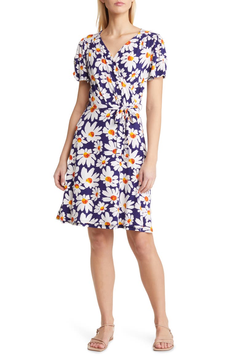 Floral Faux Wrap Knit Dress, Main, color, NAVY/ IVORY