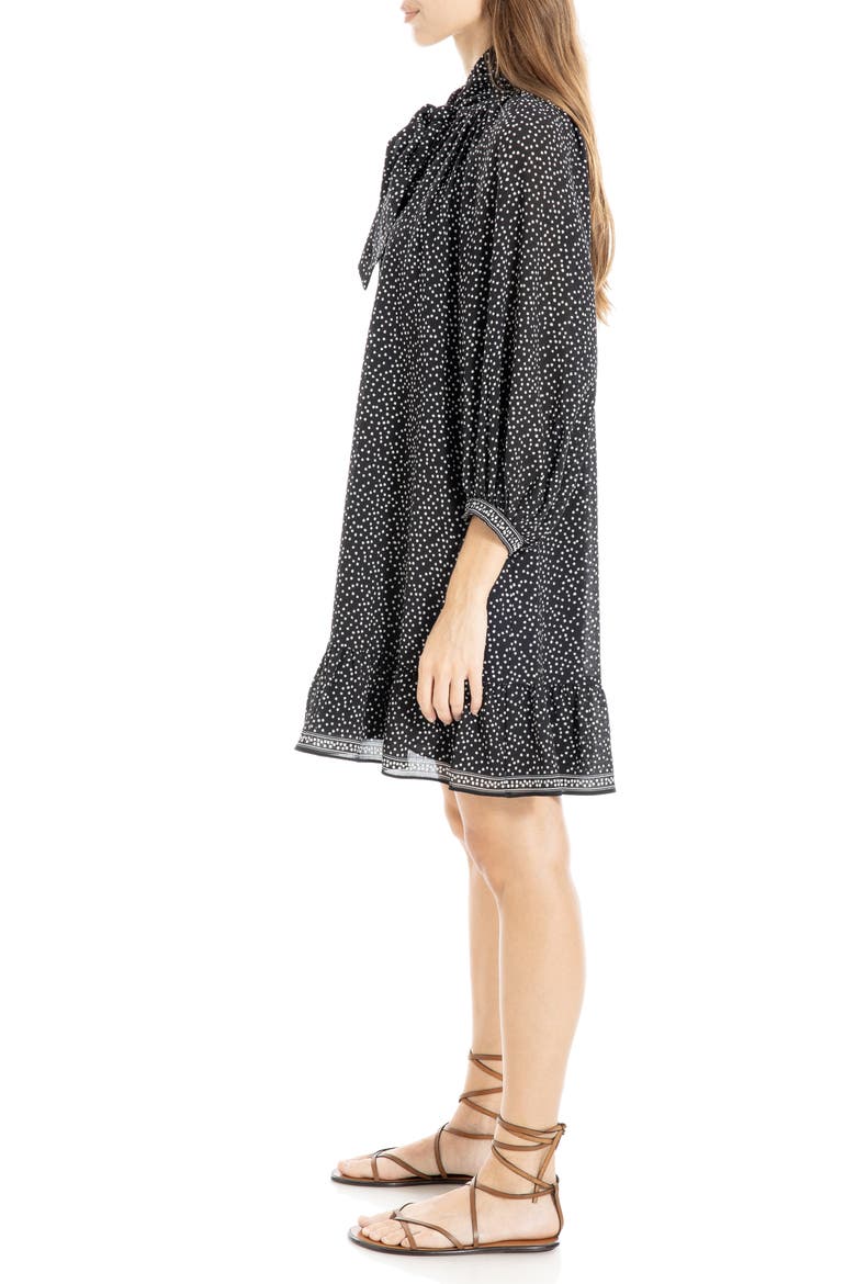 Tie Neck Balloon Sleeve Trapeze Dress, Alternate, color, BLACK/ IVORY RANDOM DOT