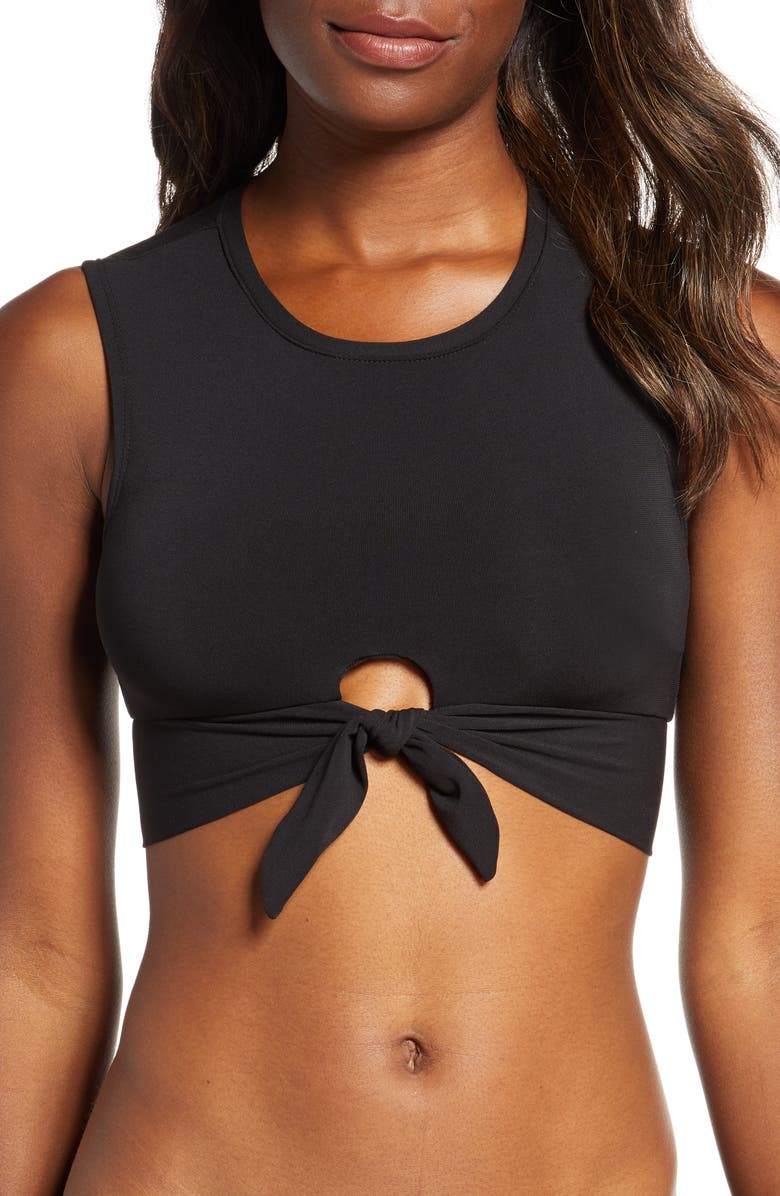 Robin Piccone Ava Longline Knot Front Bikini Top, Main, color, 