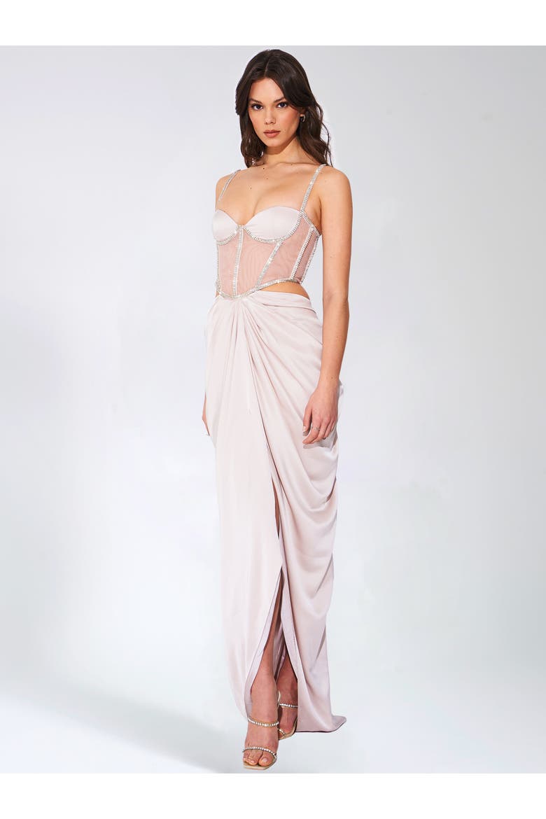 Cadencee Satin Crystal Embellished Corset Dress, Alternate, color, Champagne