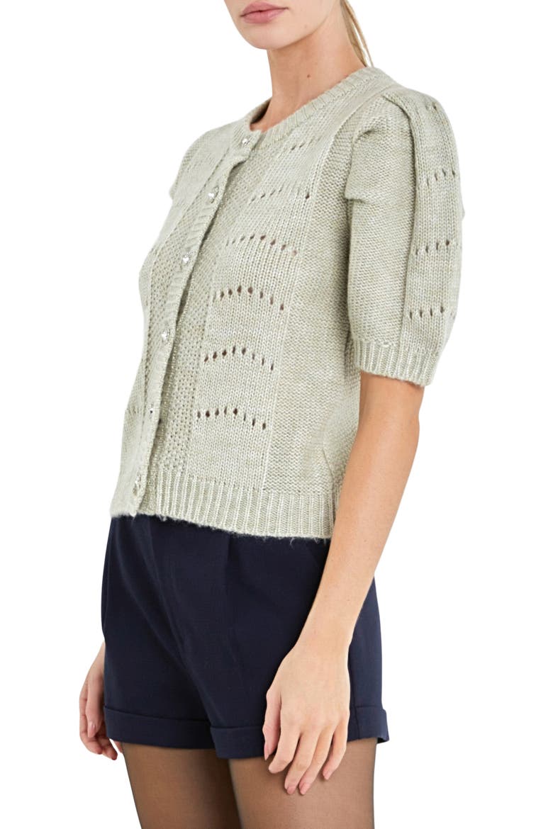 Pointelle Puff Sleeve Cardigan, Alternate, color, GREEN