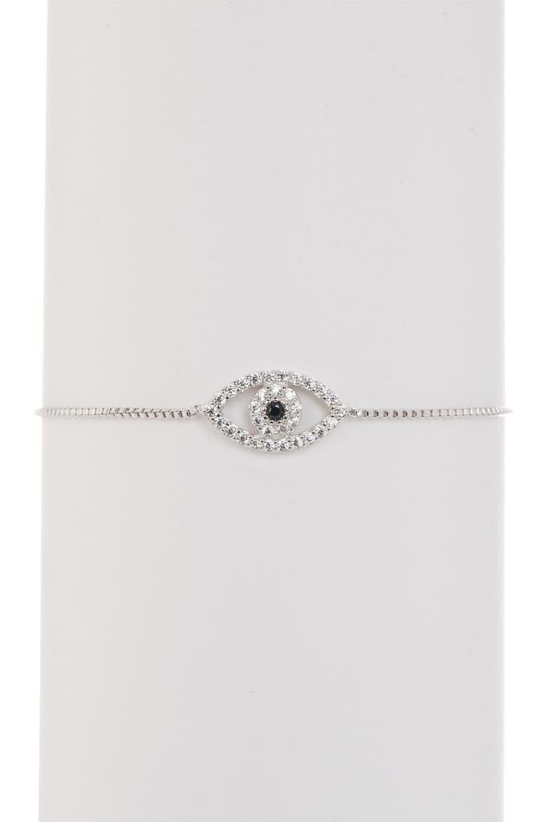 White Rhodium Plated Pavé Swarovski Crystal Evil Eye Lariat Bracelet, Main, color, SILVER