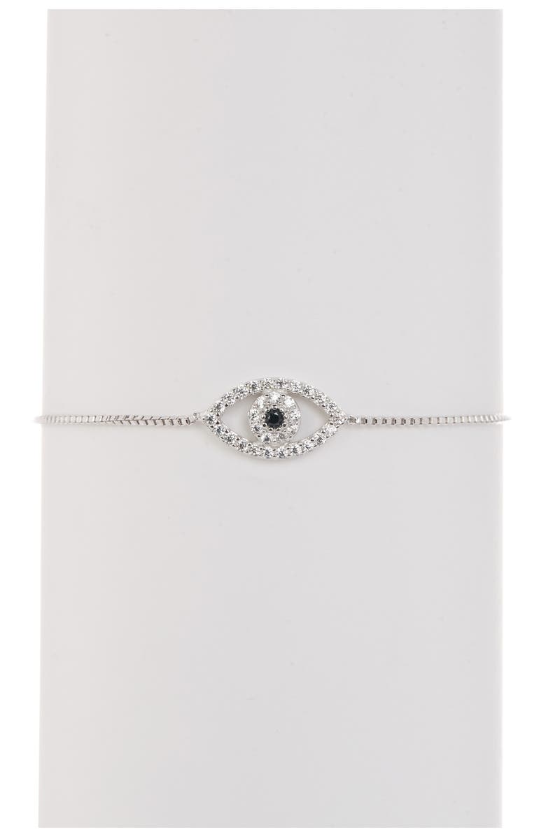 Adornia White Rhodium Plated Pavé Swarovski Crystal Evil Eye Lariat Bracelet, Main, color, Silver