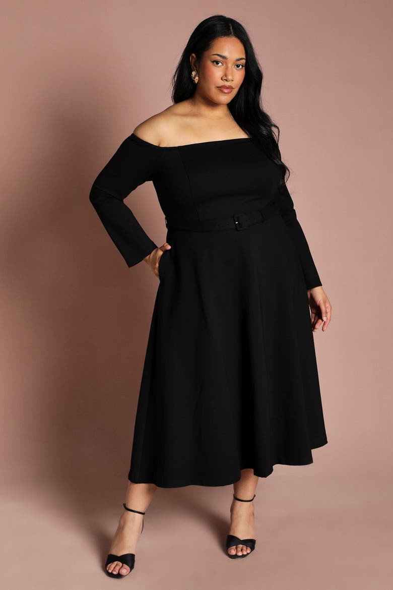 Plus Bardot Midi Dress, Alternate, color, Black
