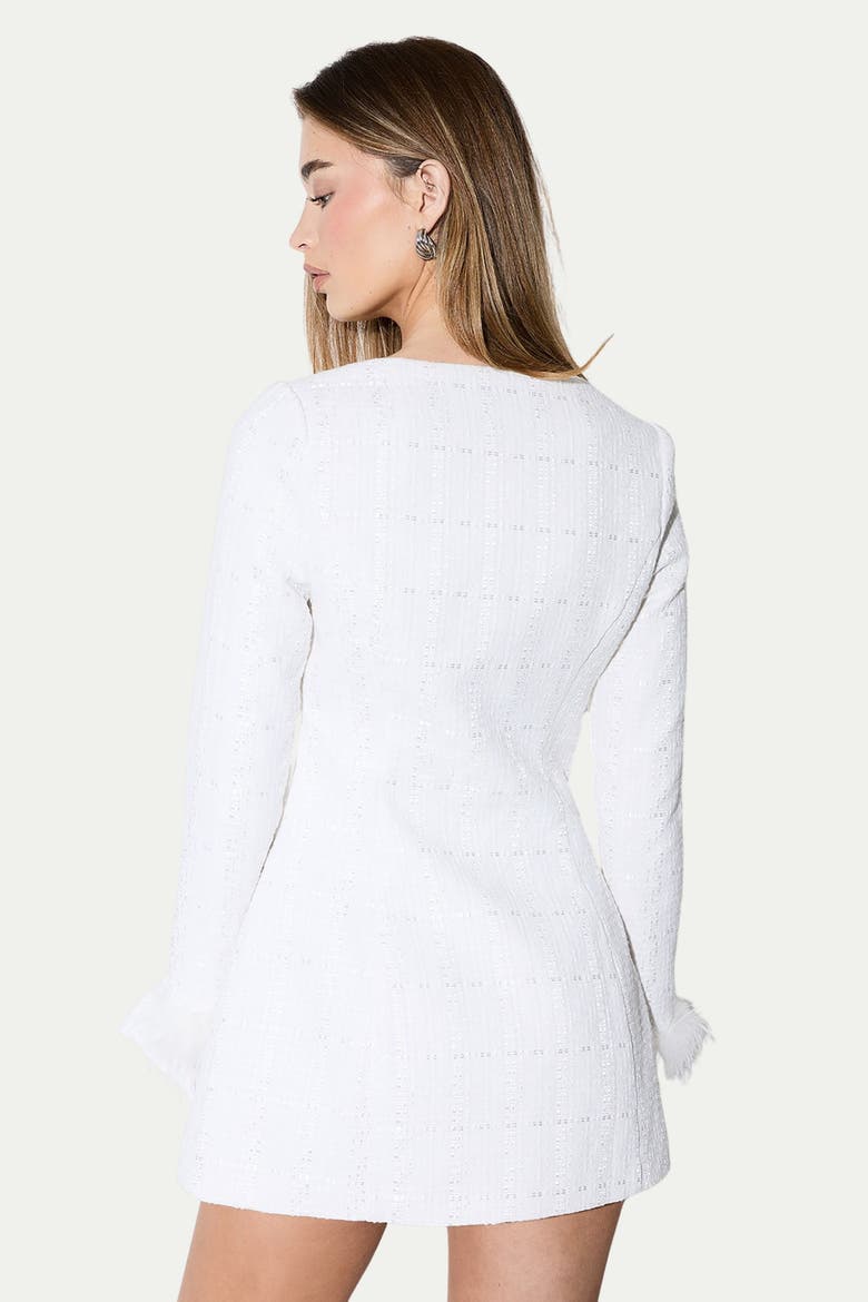 Boucle Feather Trim Mini Dress, Alternate, color, White