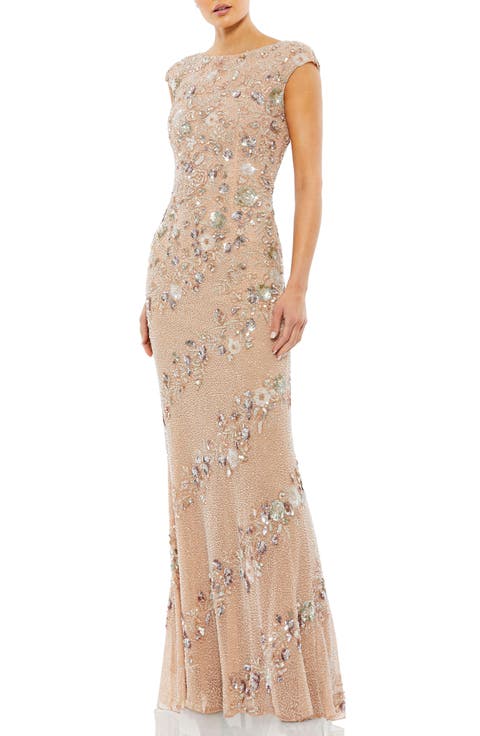 Floral Embellished Cap Sleeve Column Evening Gown