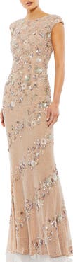Mac Duggal Floral Embellished Cap Sleeve Column Evening Gown