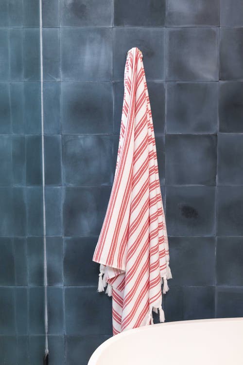 Infusezen Bask Striped Organic Turkish Towel With Soft Terry Cloth Back In Red