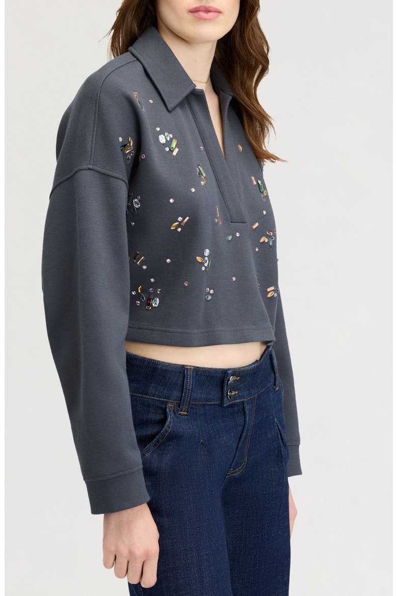 Crystal Embellished Rugby Polo Sweater, Alternate, color, ENGLISH GREY