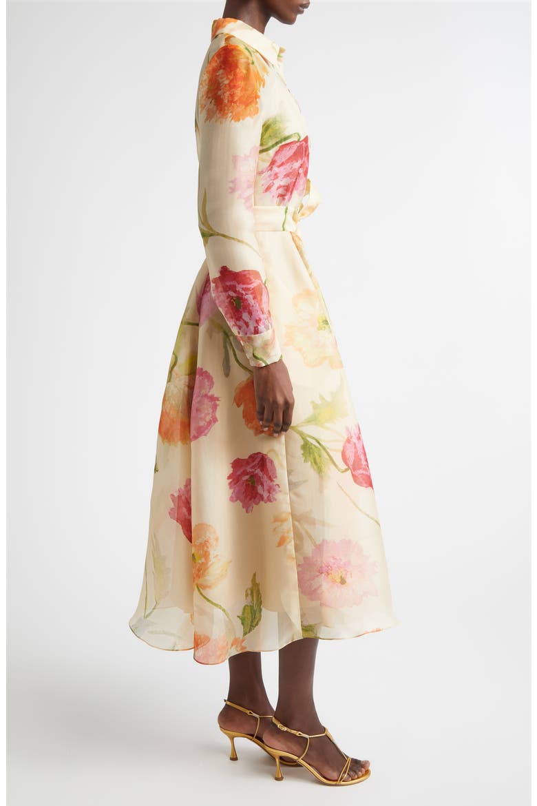 Poppy Print Belted Long Sleeve Silk Organza Shirtdress, Alternate, color, ALMOND MULTI