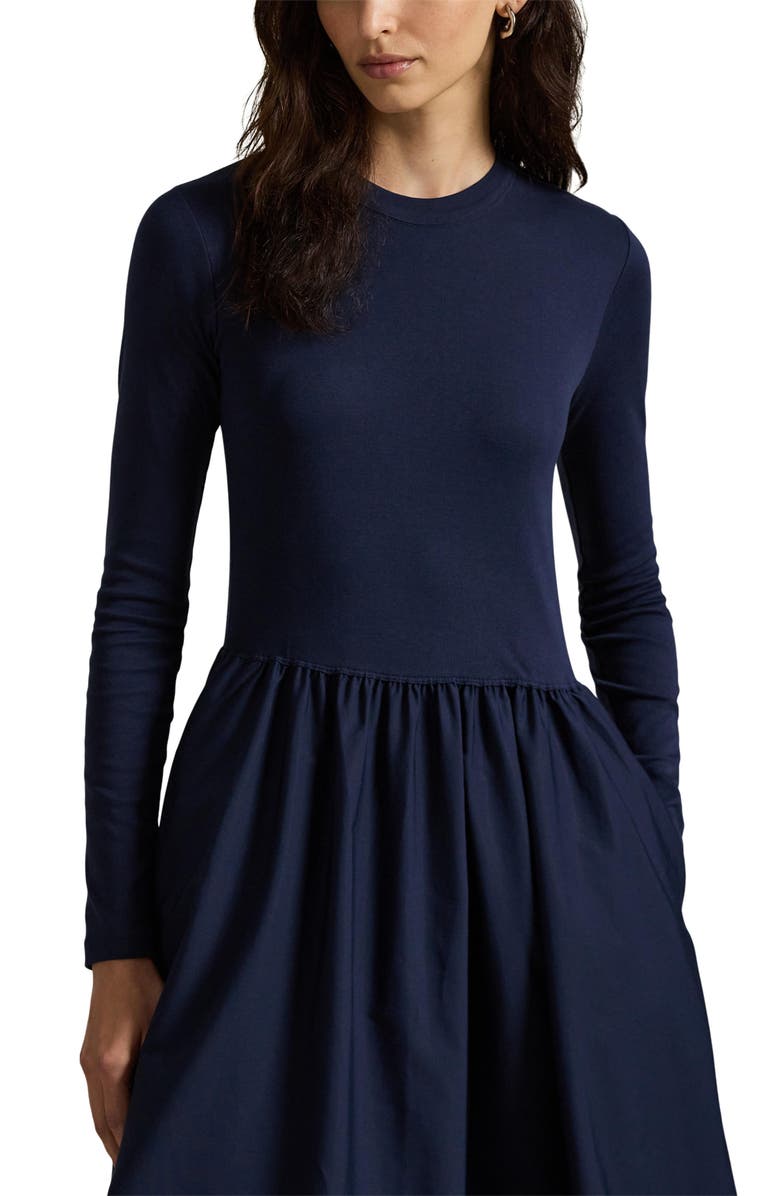 Polo Ralph Lauren Mixed Media Long Sleeve Cotton Dress, Alternate, color, Cruise Navy