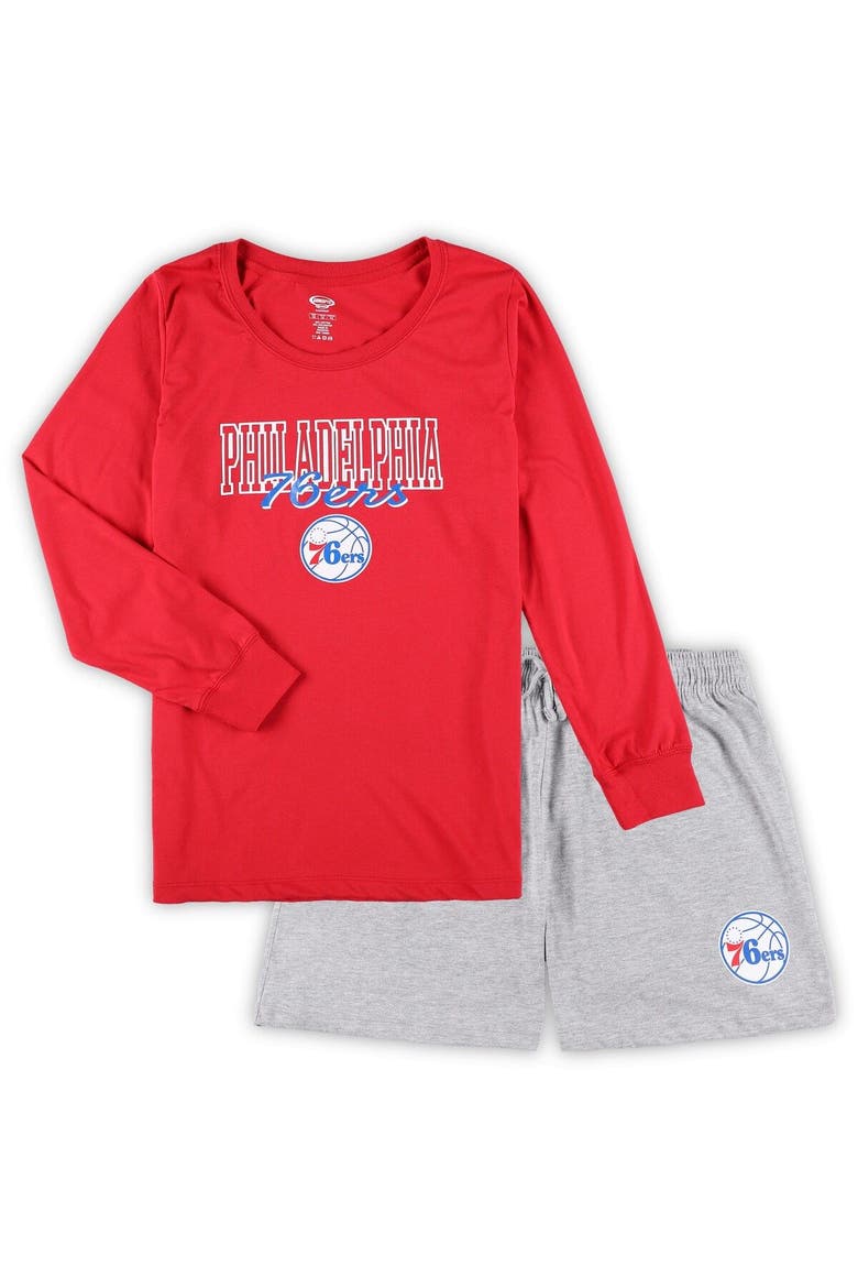 Women's Concepts Sport Red/Heather Gray Philadelphia 76ers Plus Size Long Sleeve T-Shirt and Shorts Sleep Set, Main, color, Red